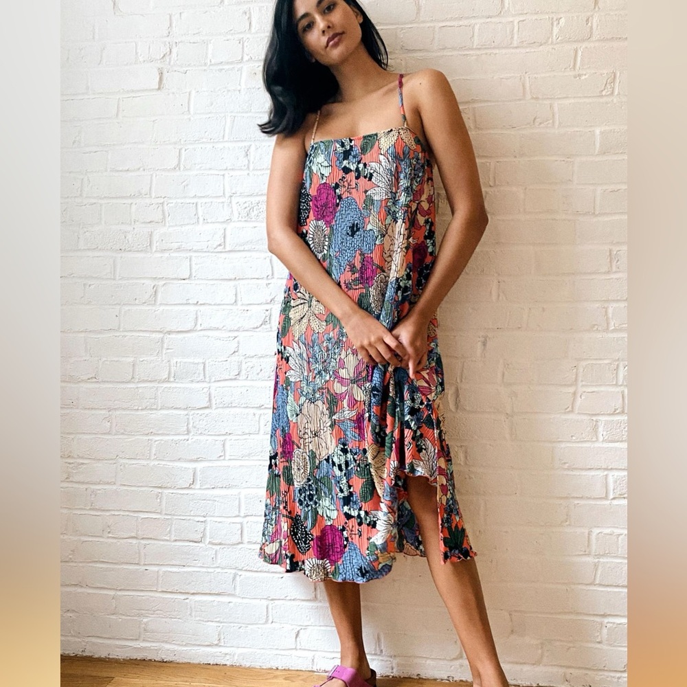 Anthropologie Pink Blue Coral Floral Midi Dress